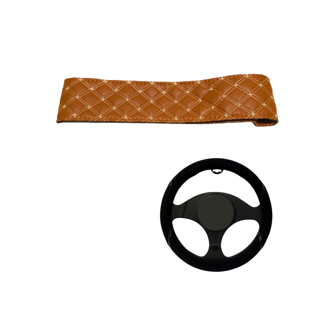 Car Steering Wheel Cover Stitch Type Pvc/Leather Material  7D Design Brown Universal Fitting Plastic Box Pack
