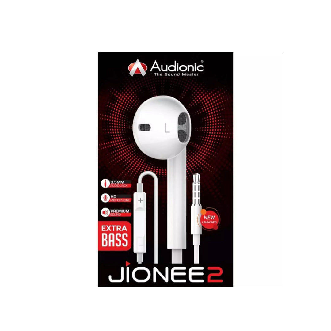 Mobile Handsfree / Headphones  Audionic  Head Phones + Remote + Mic Type    1.2 Meters White 01 Sets / Pack Colour Box Pack Jonee 2 (China)
